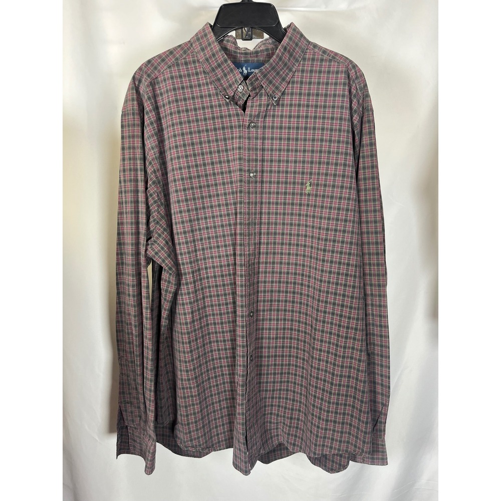 Ralph Lauren Mens Classic Fit Plaid Button Down‎ Shirt Burgundy Green XXL 18